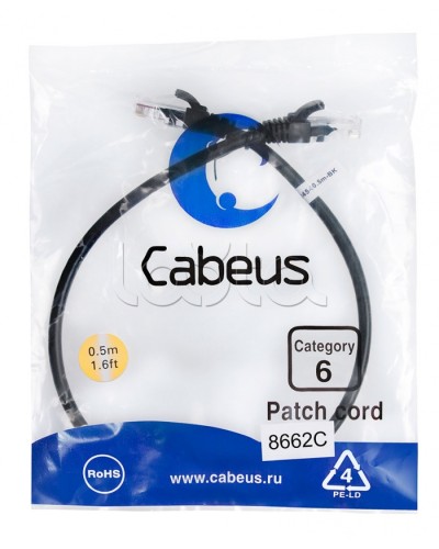 Патч-корд UTP, категория 6, 0.5 м, неэкранированный, черный Cabeus PC-UTP-RJ45-Cat.6-0.5m-BK в Чебоксарах Патчкорды (медные) Pintop.ru