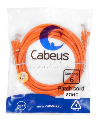 Патч-корд UTP, категория 6, 3 м, неэкранированный, оранжевый Cabeus PC-UTP-RJ45-Cat.6-3m-OR в Чебоксарах Патчкорды (медные) Pintop.ru