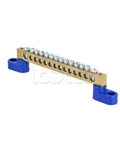 Шина 0 N (6х9мм) 14 отверстий латунь 2 синих угловых изолятора EKF PROxima (sn0-63-14-2) в Чебоксарах Аксессуары для стоек и шкафов Pintop.ru