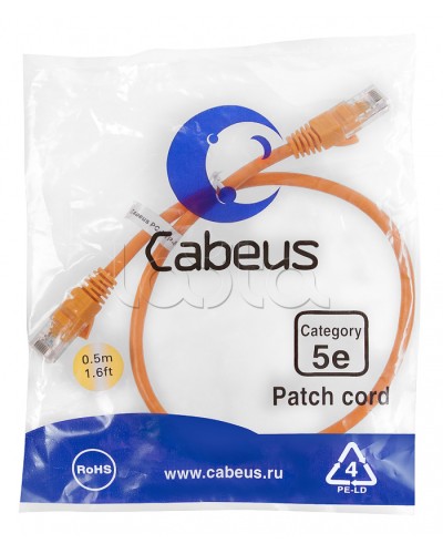 Патч-корд медный U/UTP категория 5е (0,5м) LSZH (оранжевый) Cabeus (PC-UTP-RJ45-Cat.5e-0.5m-OR-LSZH) в Чебоксарах Патчкорды (медные) Pintop.ru