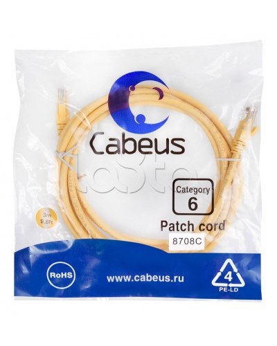 Патч-корд UTP, категория 6, 3 м, неэкранированный, желтый Cabeus PC-UTP-RJ45-Cat.6-3m-YL в Чебоксарах Патчкорды (медные) Pintop.ru