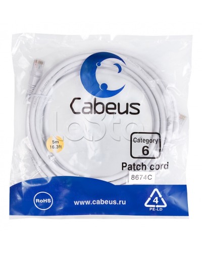 Патч-корд UTP, категория 6, 5 м, неэкранированный, белый Cabeus PC-UTP-RJ45-Cat.6-5m-WH в Чебоксарах Патчкорды (медные) Pintop.ru