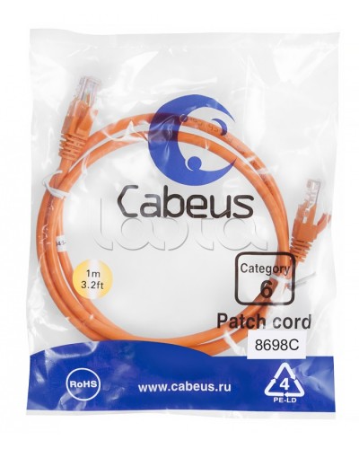 Патч-корд UTP, категория 6, 1 м, неэкранированный, оранжевый Cabeus PC-UTP-RJ45-Cat.6-1m-OR в Чебоксарах Патчкорды (медные) Pintop.ru