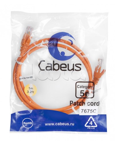 Патч-корд UTP, категория 5e, 1 м, неэкранированный, оранжевый Cabeus PC-UTP-RJ45-Cat.5e-1m-OR в Чебоксарах Патчкорды (медные) Pintop.ru