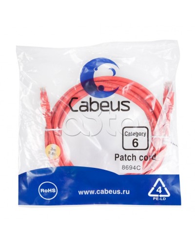 Патч-корд UTP, категория 6, 3 м, неэкранированный, красный Cabeus PC-UTP-RJ45-Cat.6-3m-RD в Чебоксарах Патчкорды (медные) Pintop.ru