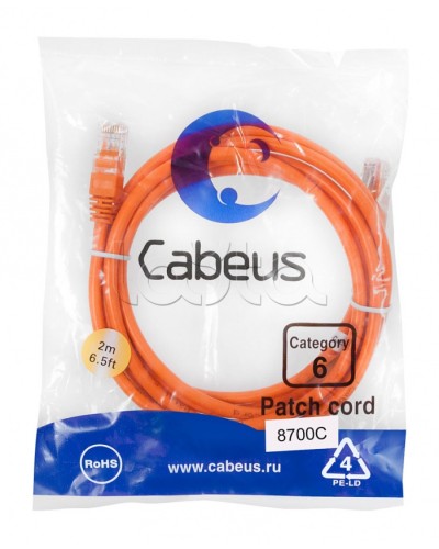Патч-корд UTP, категория 6, 2 м, неэкранированный, оранжевый Cabeus PC-UTP-RJ45-Cat.6-2m-OR в Чебоксарах Патчкорды (медные) Pintop.ru