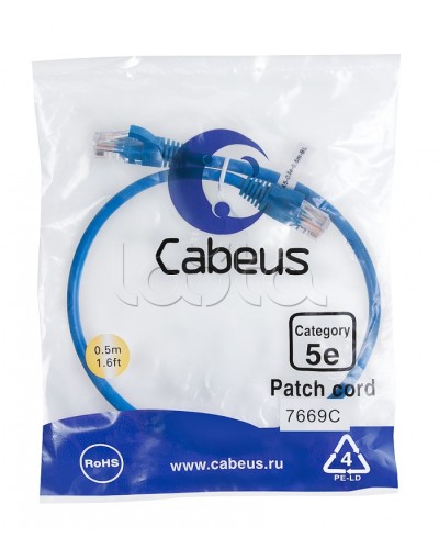 Патч-корд UTP, категория 5e, 0.5 м, неэкранированный, синий Cabeus PC-UTP-RJ45-Cat.5e-0.5m-BL в Чебоксарах Патчкорды (медные) Pintop.ru