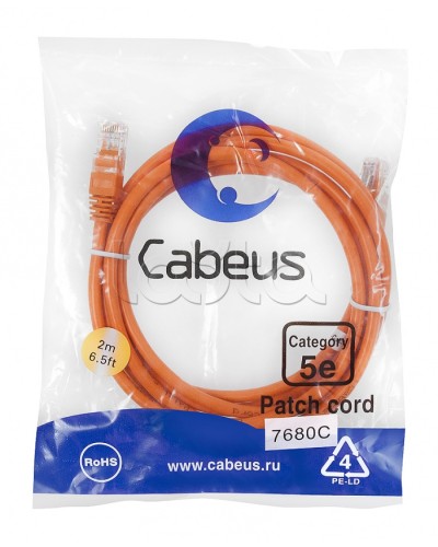 Патч-корд UTP, категория 5e, 2 м, неэкранированный, оранжевый Cabeus PC-UTP-RJ45-Cat.5e-2m-OR в Чебоксарах Патчкорды (медные) Pintop.ru