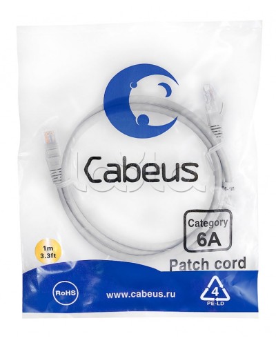 Патч-корд UTP, категория 6a, 10G, неэкранированный, LSZH, 1 м, серый Cabeus PC-UTP-RJ45-Cat.6a-1m-LSZH в Чебоксарах Патчкорды (медные) Pintop.ru