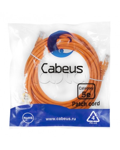 Патч-корд UTP, категория 5e, 5 м, неэкранированный, оранжевый Cabeus PC-UTP-RJ45-Cat.5e-5m-OR в Чебоксарах Патчкорды (медные) Pintop.ru