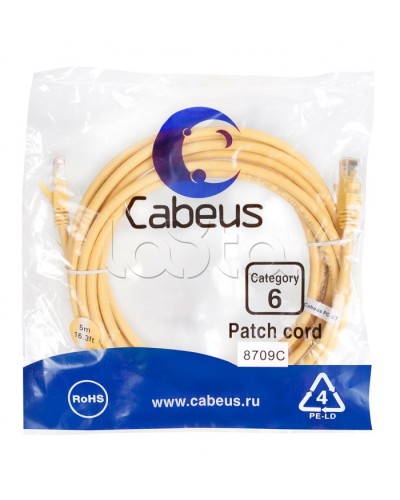 Патч-корд UTP, категория 6, 5 м, неэкранированный, желтый Cabeus PC-UTP-RJ45-Cat.6-5m-YL в Чебоксарах Патчкорды (медные) Pintop.ru