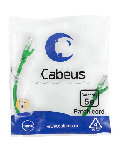 Патч-корд UTP, категория 5e, 0.3 м, неэкранированный, зеленый Cabeus PC-UTP-RJ45-Cat.5e-0.3m-GN в Чебоксарах Патчкорды (медные) Pintop.ru
