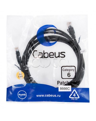 Патч-корд UTP, категория 6, 3 м, неэкранированный, черный Cabeus PC-UTP-RJ45-Cat.6-3m-BK в Чебоксарах Патчкорды (медные) Pintop.ru