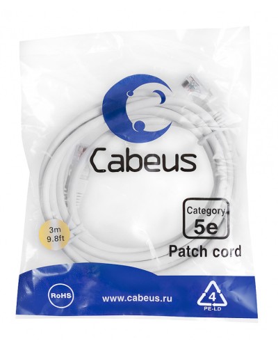 Патч-корд медный U/UTP категория 5е (3м) LSZH (белый) Cabeus (PC-UTP-RJ45-Cat.5e-3m-WH-LSZH) в Чебоксарах Патчкорды (медные) Pintop.ru