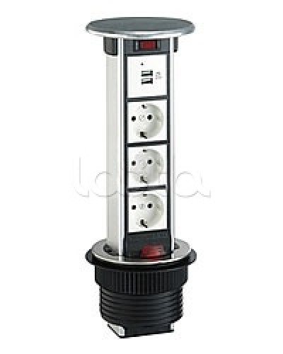 Блок розеточный встраеваемый в стол, 4 поста (45х45) IP54, с выключателем нагрузки (алюм+латунь) Экопласт 70344 в Чебоксарах Блоки розеток Pintop.ru