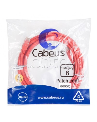 Патч-корд UTP, категория 6, 5 м, неэкранированный, красный Cabeus PC-UTP-RJ45-Cat.6-5m-RD в Чебоксарах Патчкорды (медные) Pintop.ru