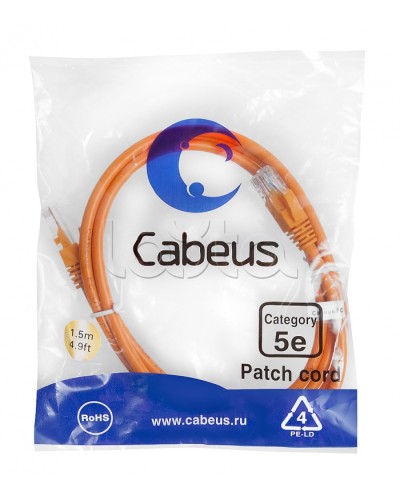 Патч-корд UTP, категория 5e, 1.5 м, неэкранированный, оранжевый Cabeus PC-UTP-RJ45-Cat.5e-1.5m-OR в Чебоксарах Патчкорды (медные) Pintop.ru